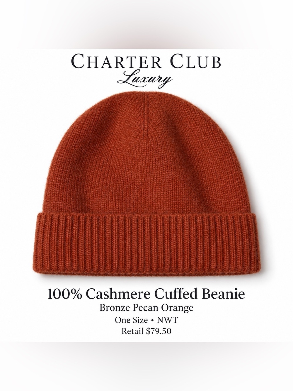 Charter Club Luxury 100% Cashmere Cuffed Beanie Hat Bronze Pecan Orange OS
